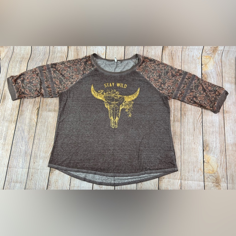 Women’s Cato Western Longhorn Skull 3/4 Sleeve Shirt Brown Stay Wild Size 18/20W